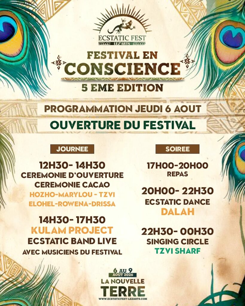 Programme festival Ecstatic Dance 2026 jeudi 6 août - Dalah, Tzvi Sharf, Kulam Project
